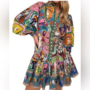 NWT Unique Boutique Whimsical Puff Sleeve Colorful Drop Waist Dress XXL
